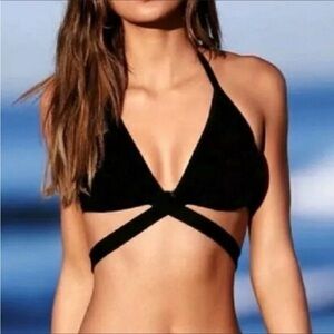 VNTG Victoria’s Secret Black Triangle Halter Strappy Wrap Around Bikini Top XS